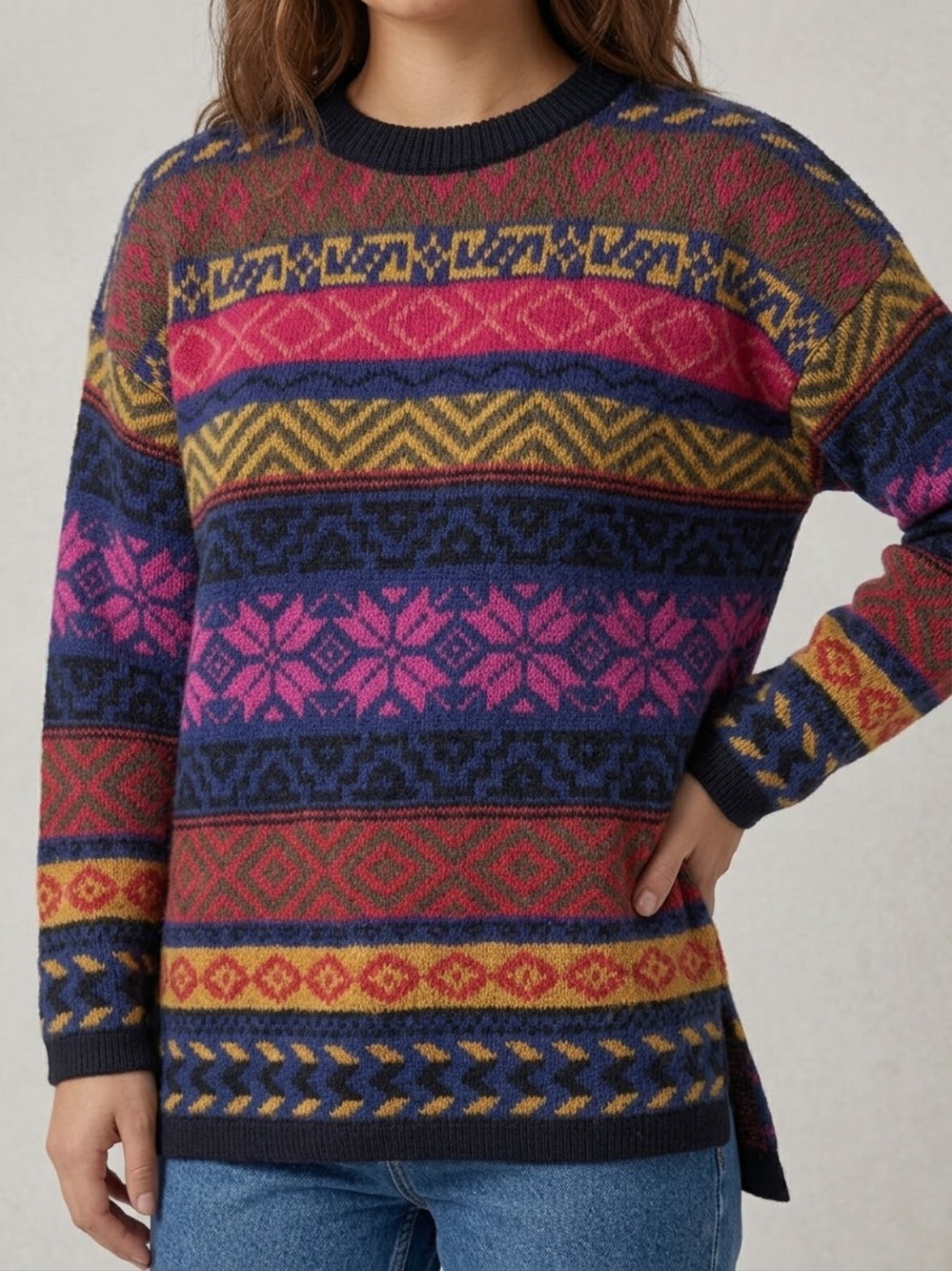 Vintage Rafaella Multi-Color Fair Isle Crewneck Sweater - Navy, Pink, Mustard